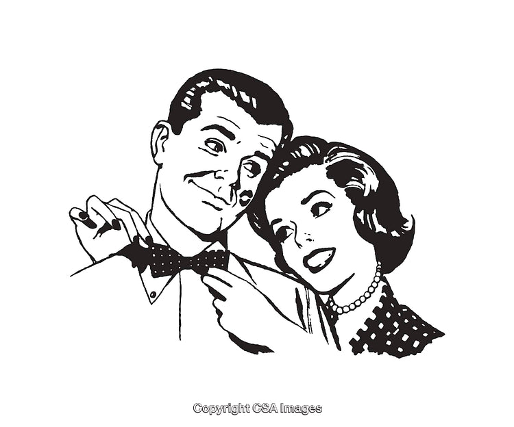 Vintage Black and White Illustration of Couple Adjusting Bow Tie