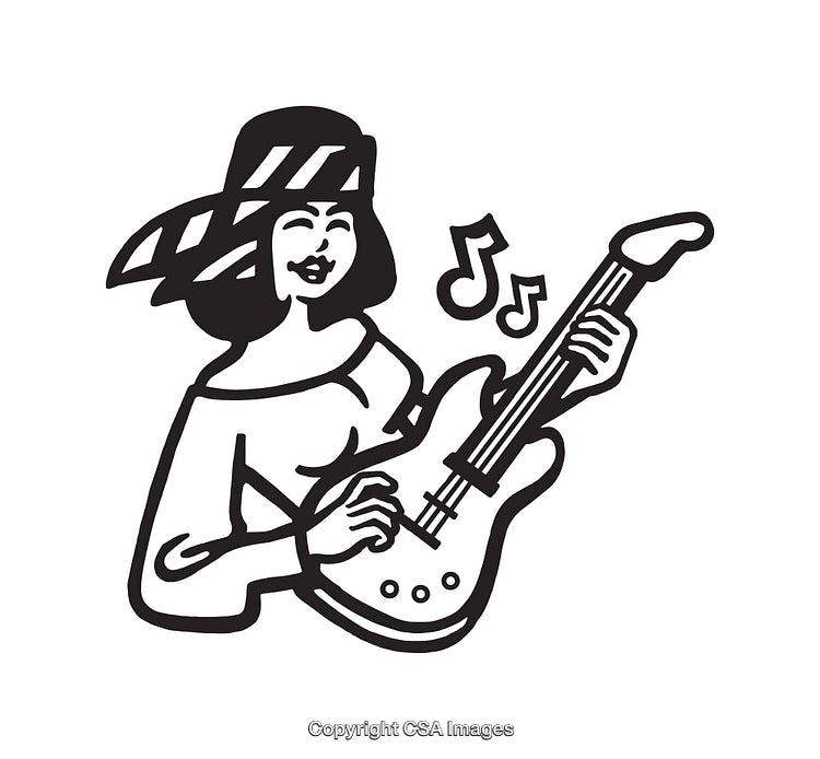 Black and White Illustration of a Woman Playing Electric Guitar with Musical Notes