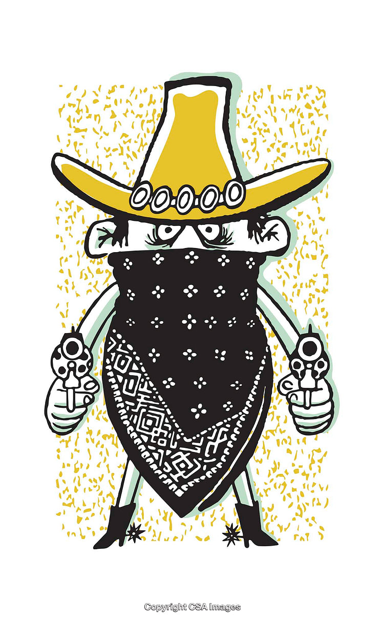 Cartoon Cowboy with Bandana and Pistols in Playful Western Style Illustration