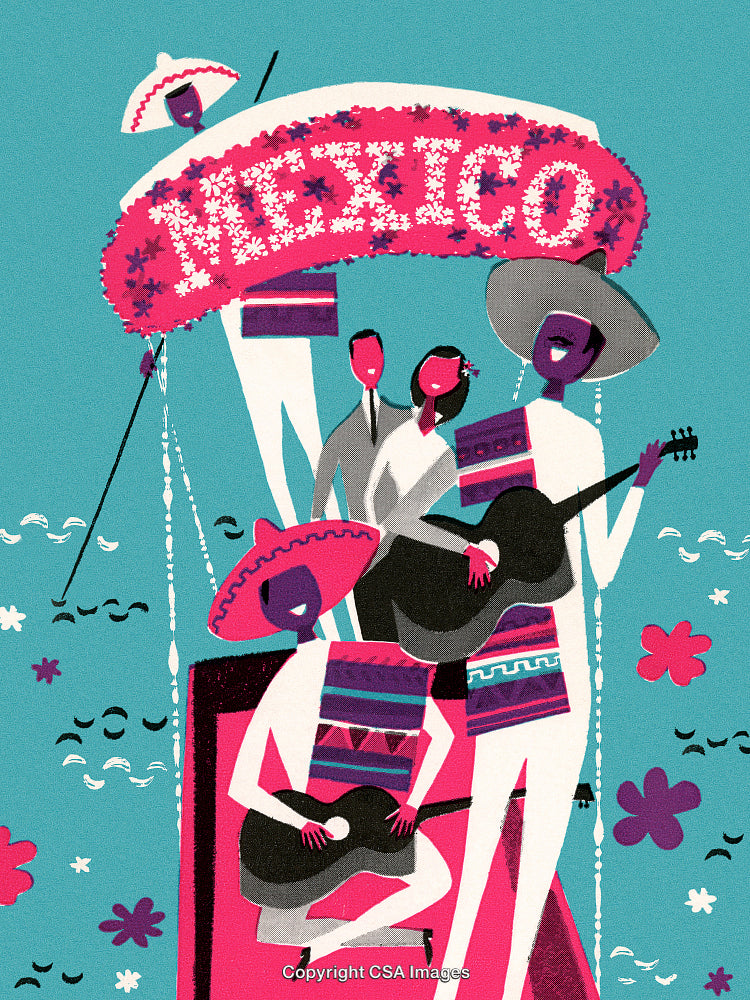 Colorful Illustration Celebrating Mexican Culture and Traditional Music with Guitars