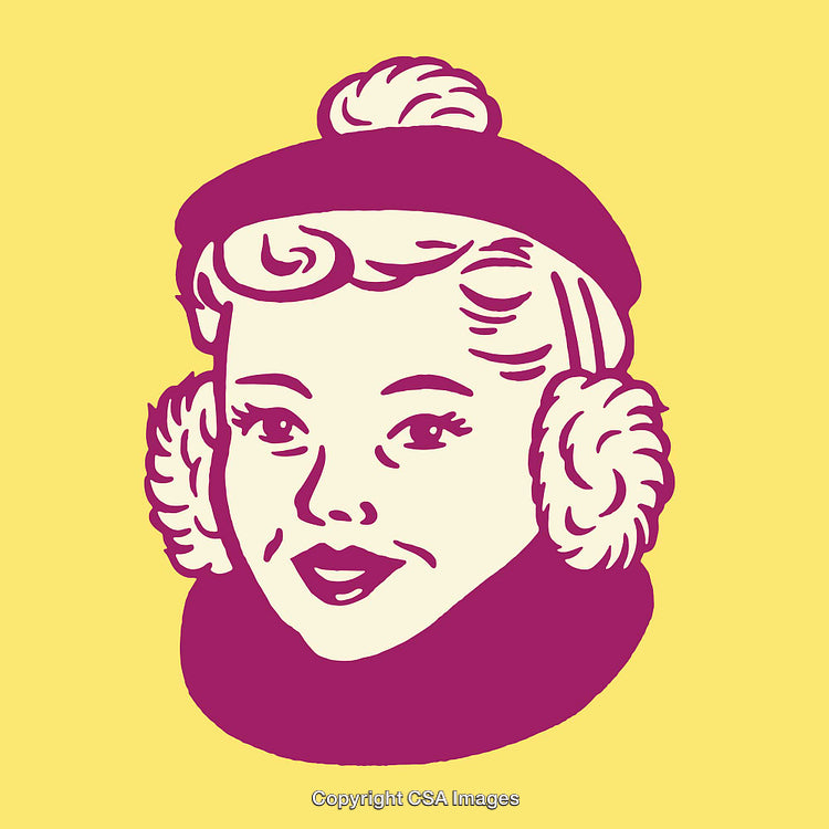 Retro Illustration of a Smiling Woman in Winter Accessories on Yellow Backdrop