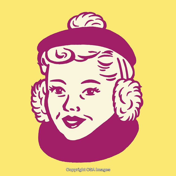 Retro Illustration of a Smiling Woman in Winter Accessories on Yellow Backdrop