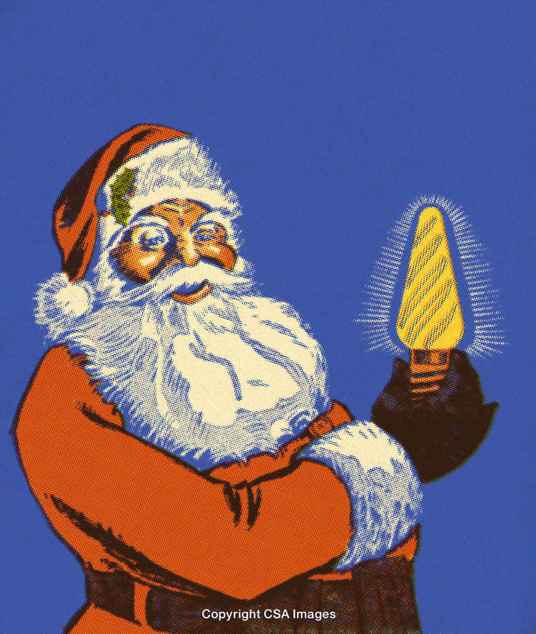 Festive Santa Claus Holding Glowing Light Bulb with Blue Background
