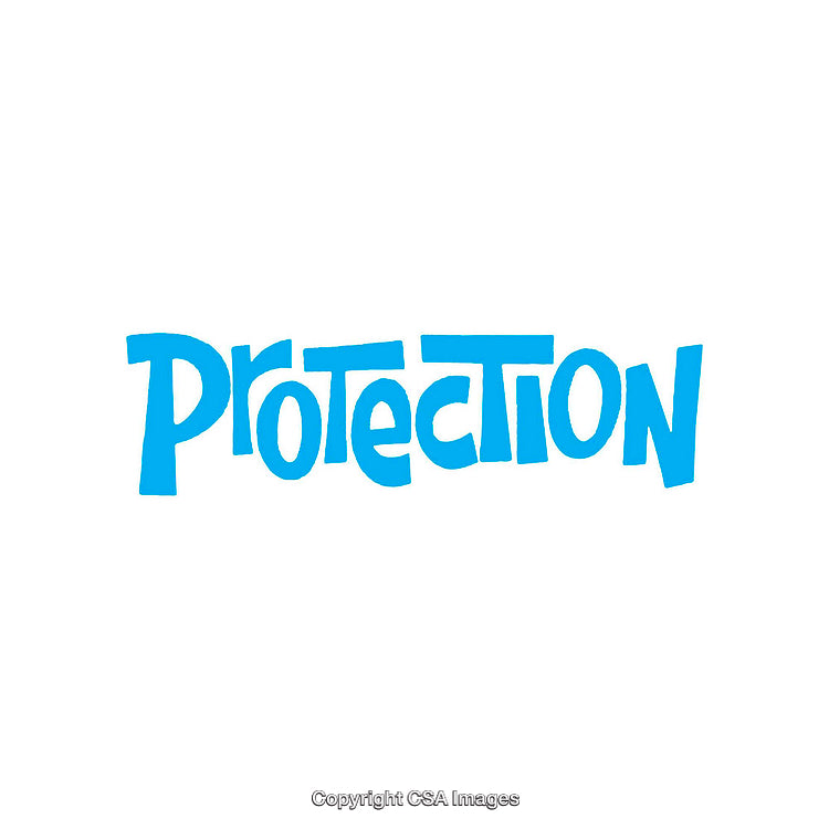 Blue Handwritten Text Spelling the Word Protection on White Background