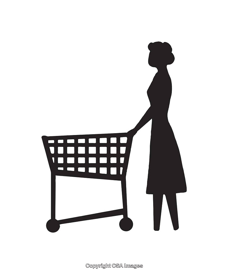 Silhouette of a Woman Shopping with a Cart in Black and White Style