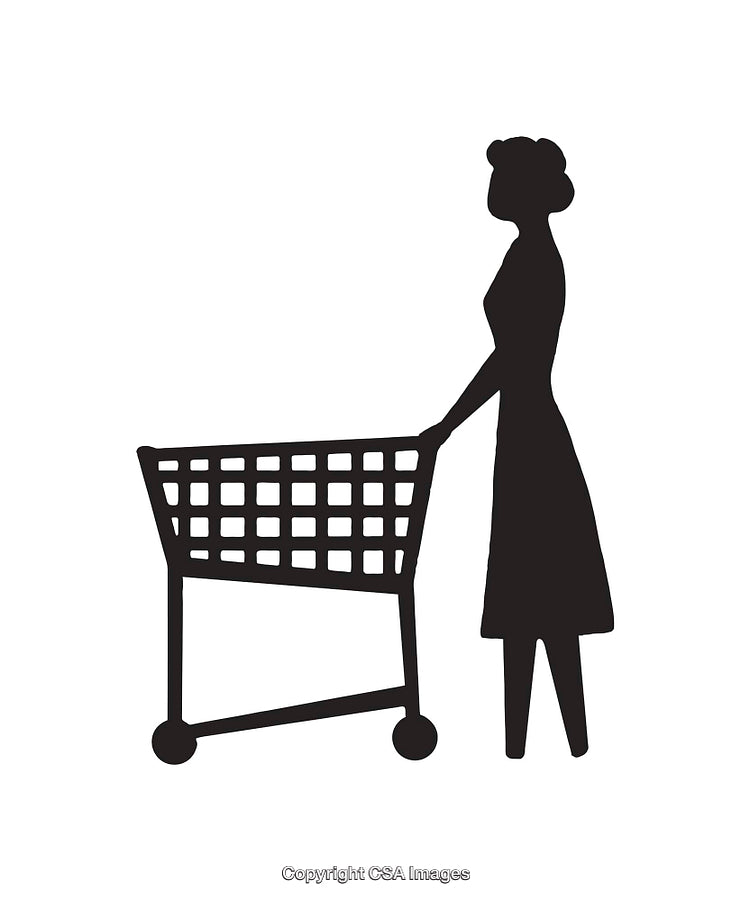 Silhouette of a Woman Shopping with a Cart in Black and White Style