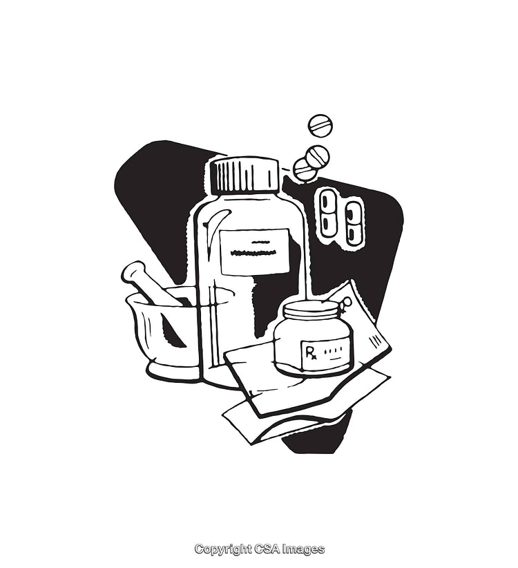 Black And White Line Art of Medical Supplies and Mortar Illustration