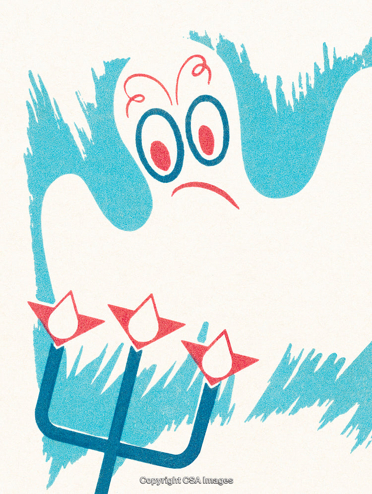 Stylized Ghost Illustration with Pitchfork in Bright Colors