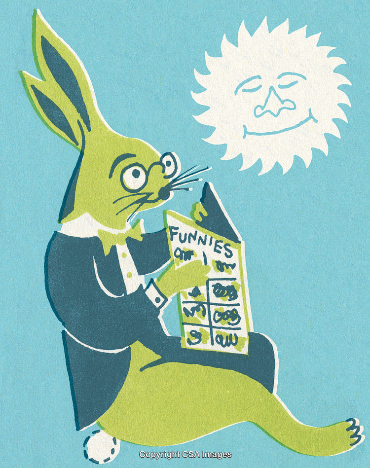 Whimsical Hare Reading a Comic Strip Under a Smiling Sun