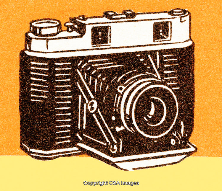 Vintage Camera Illustration on Retro Orange and Yellow Background