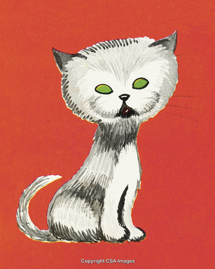 Illustration of a Cat with Green Eyes on Red Background