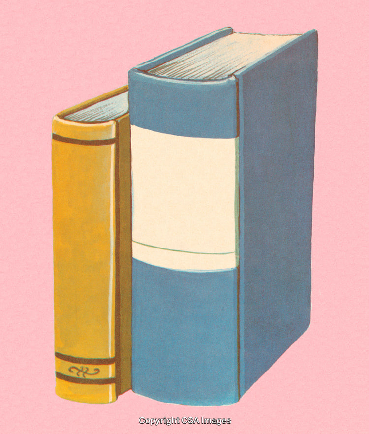 Artistic Illustration of Two Books with Vibrant Colors on a Pink Background