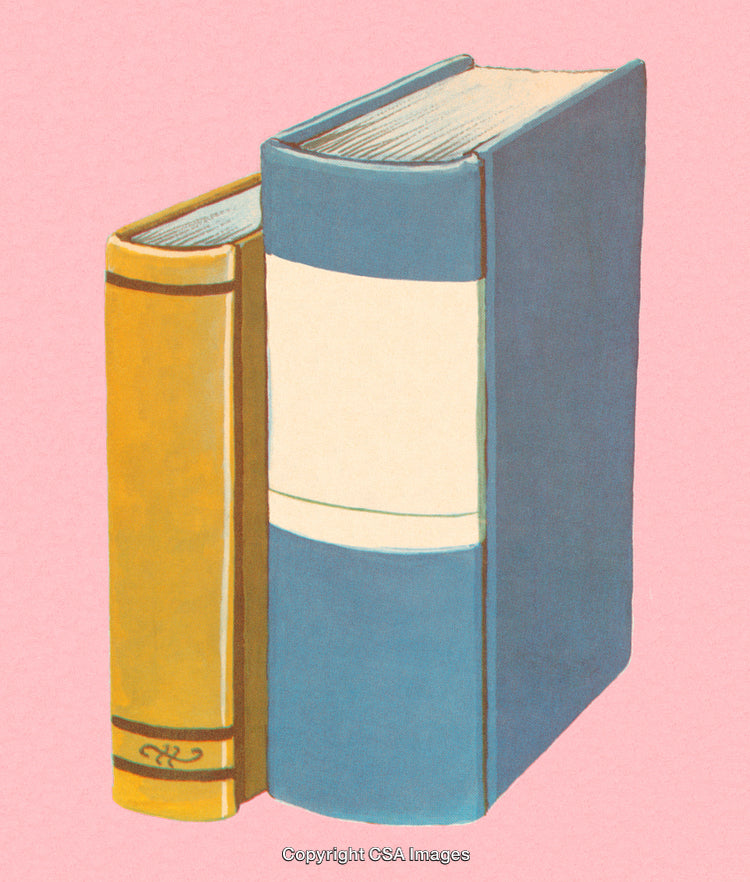Artistic Illustration of Two Books with Vibrant Colors on a Pink Background
