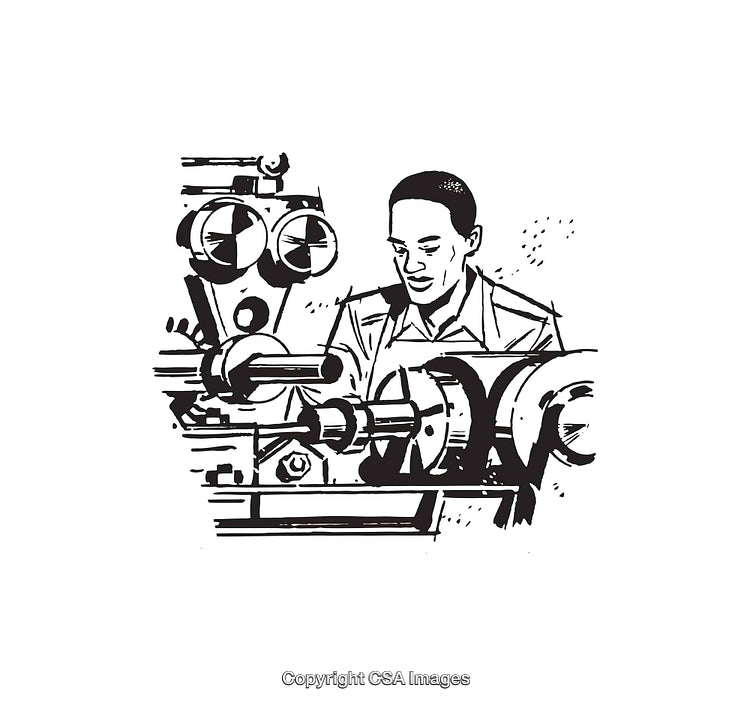 Black and White Line Art of Engineer Operating Industrial Machinery