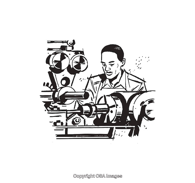 Black and White Line Art of Engineer Operating Industrial Machinery