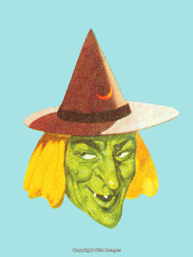 Vintage Illustration of a Witch's Face Wearing a Pointed Hat