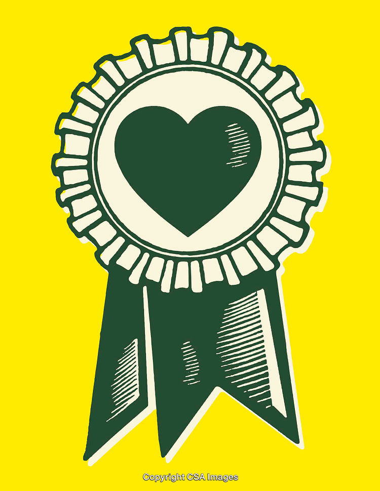 Heart-Inspired Badge Ribbon Design on a Bright Yellow Background
