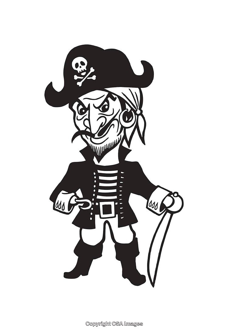 Black and White Line Art Illustration of a Happy Cartoon Pirate