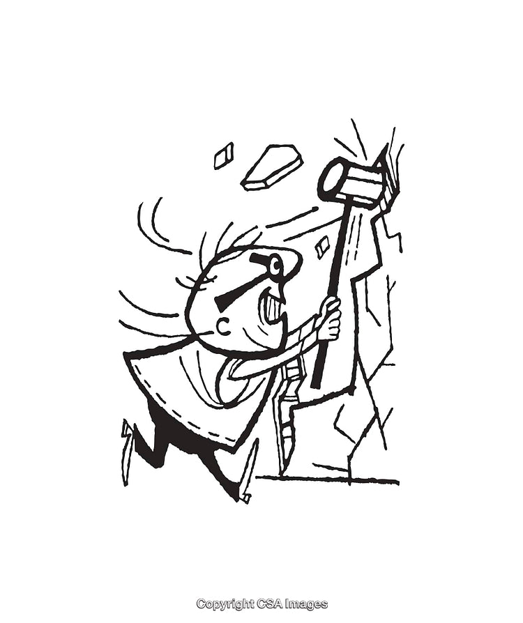 Cartoon Style Black and White Illustration of Miner Breaking Rocks