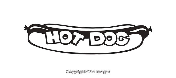 Black and White Illustration of a Hot Dog with Text Overlay