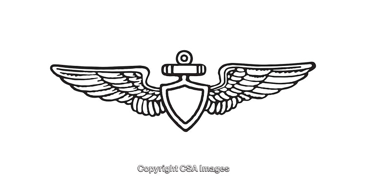 Winged Emblem Line Art Featuring Anchor and Shield Symbol in Black Design