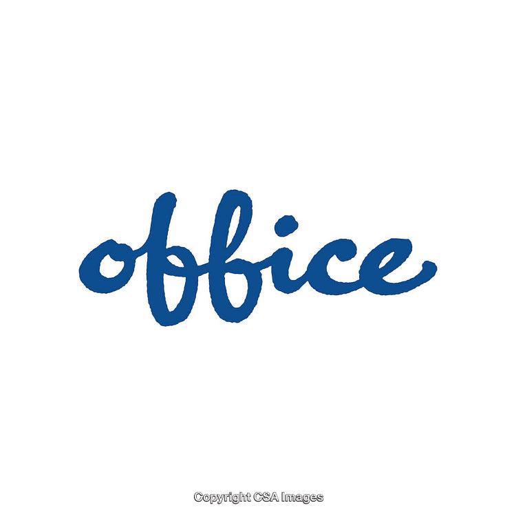 Stylized Office Text in Bold Blue Cursive Typeface on White Background