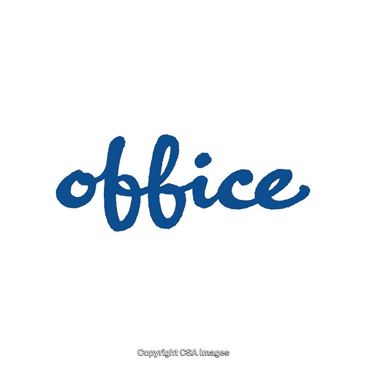 Stylized Office Text in Bold Blue Cursive Typeface on White Background