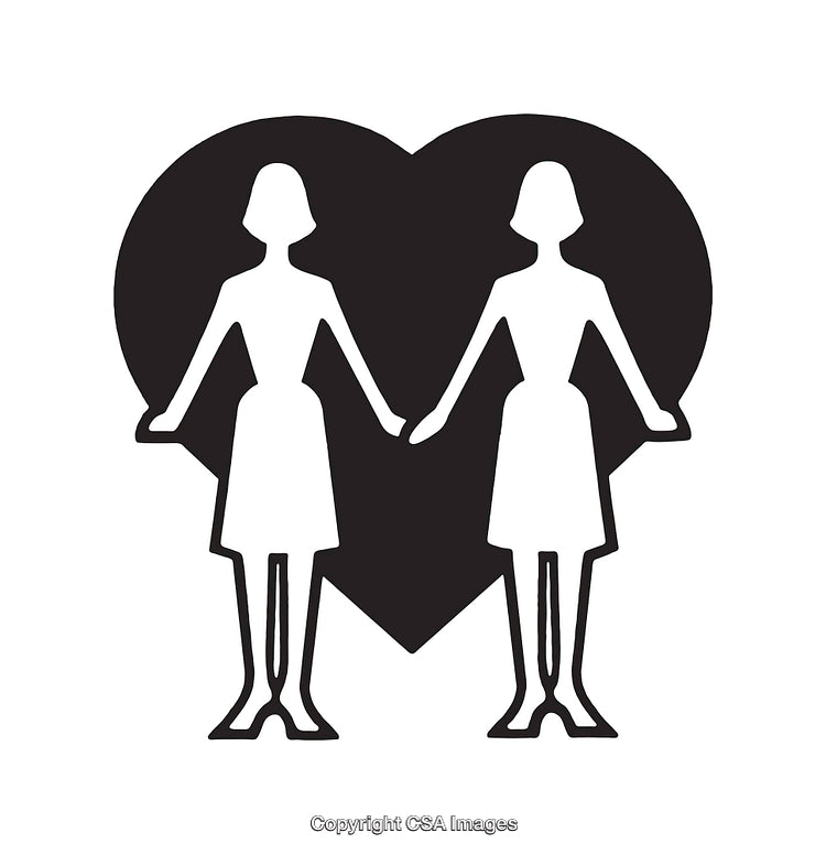 Black and White Illustration of Two Women Holding Hands with Heart Symbol