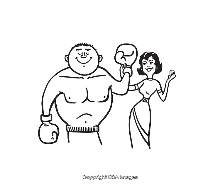 Cartoon Boxer with Woman in Black and White Line Art Illustration