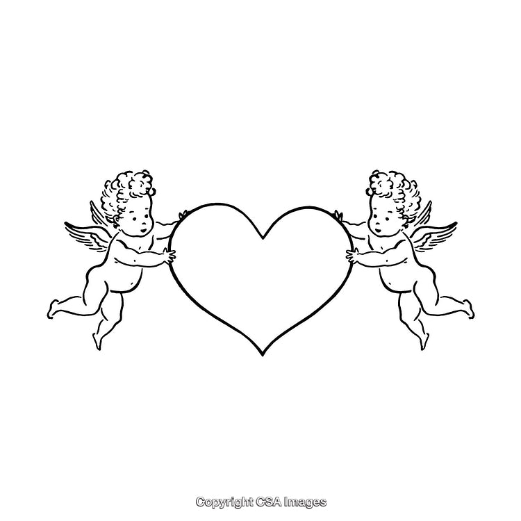 Two Cherubs Holding Heart Border in Black and White Design