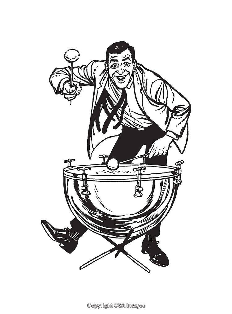 Retro Black and White Illustration of a Drummer With a Timpani