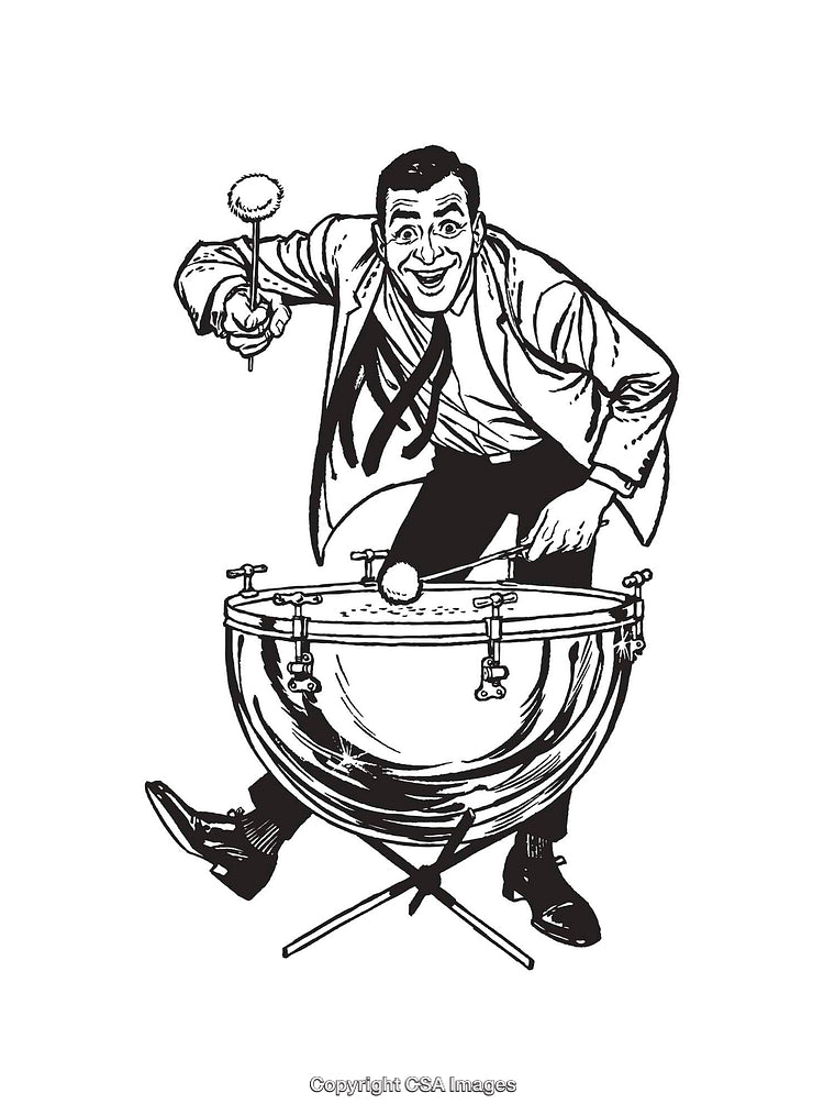 Retro Black and White Illustration of a Drummer With a Timpani