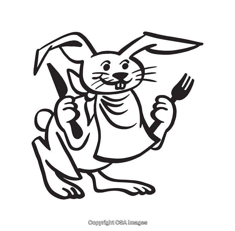 Black And White Line Art of a Hungry Rabbit With Fork and Knife