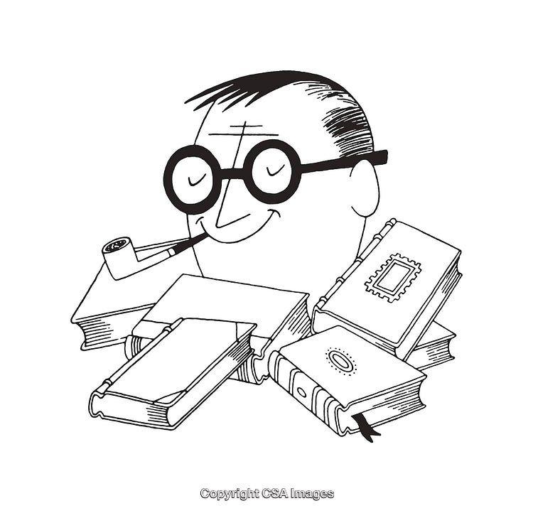 Black And White Cartoon of a Scholar With Books and Pipe