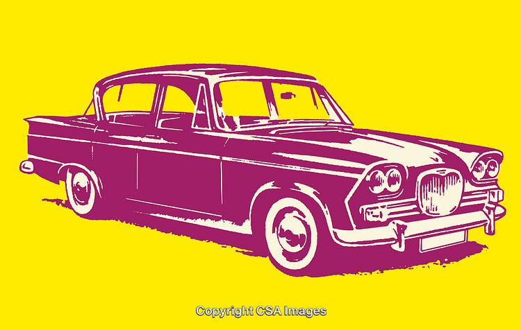 Classic Vintage Car in Colorful Pop Art Style on a Bright Yellow Background