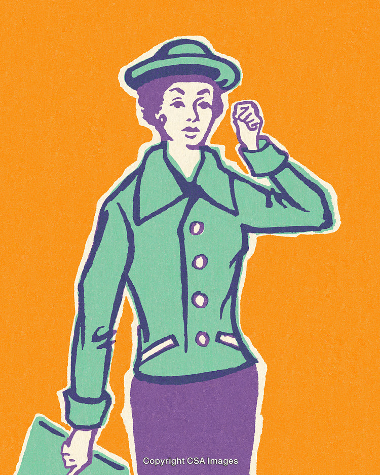 Retro Style Illustration of a Professional Woman in Green and Purple Outfit
