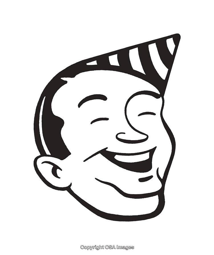 Black and White Line Art of Smiling Man in Party Hat
