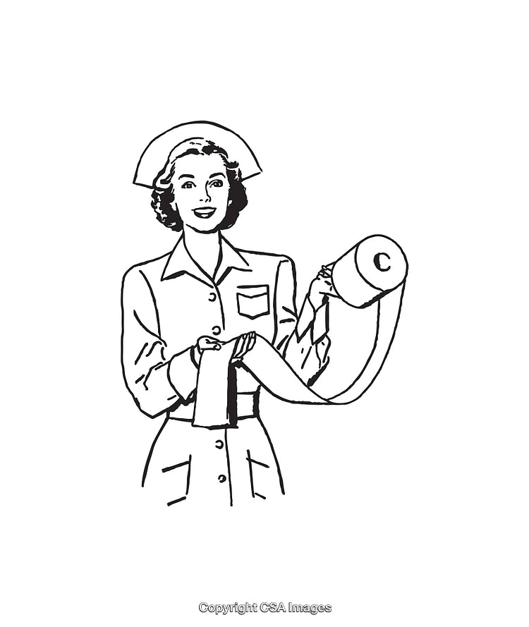 Retro Style Nurse Holding Bandage Roll in Black and White Illustration