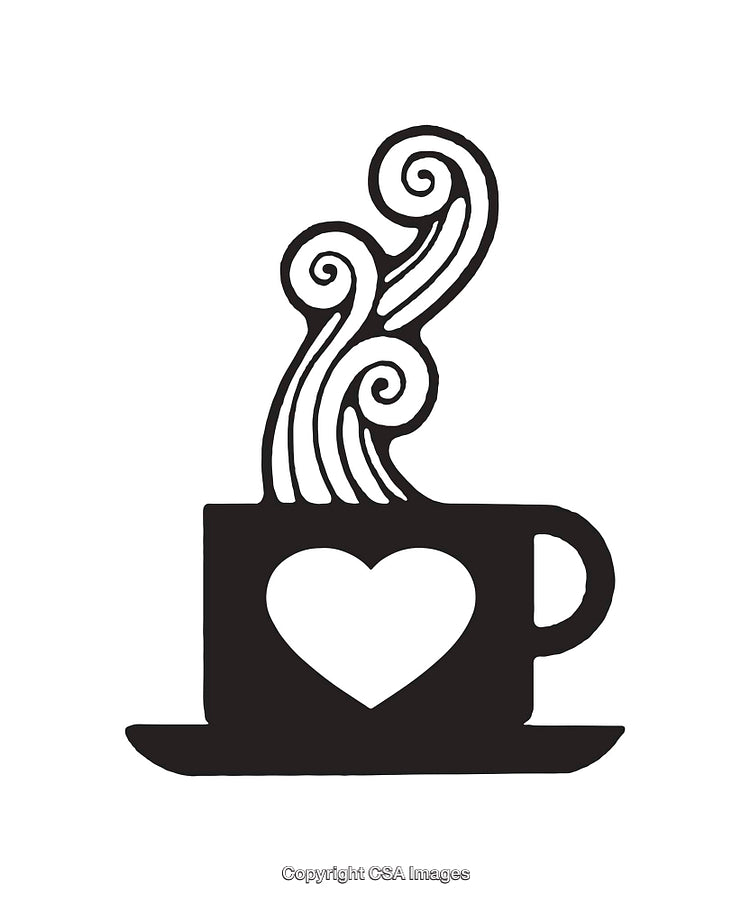 Black and White Line Art of Coffee Cup with Swirls and Heart