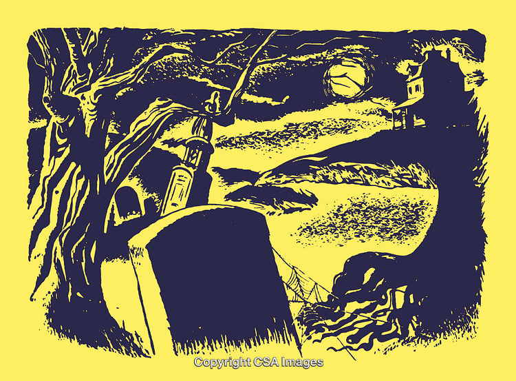 Haunted Graveyard Night Scene with Full Moon and Mysterious House