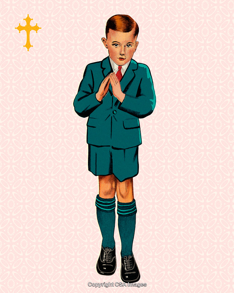 Retro Illustration of a Boy in Prayer with Religious Symbolism