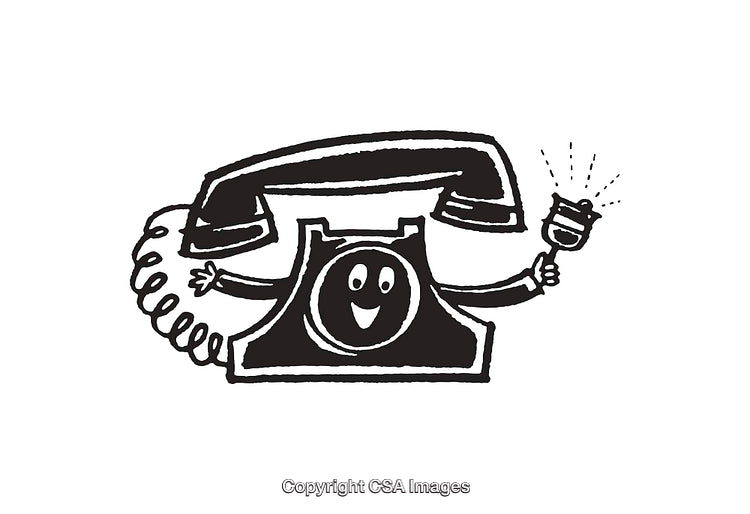 Black and White Illustration of a Smiling Telephone With Arms and Bell