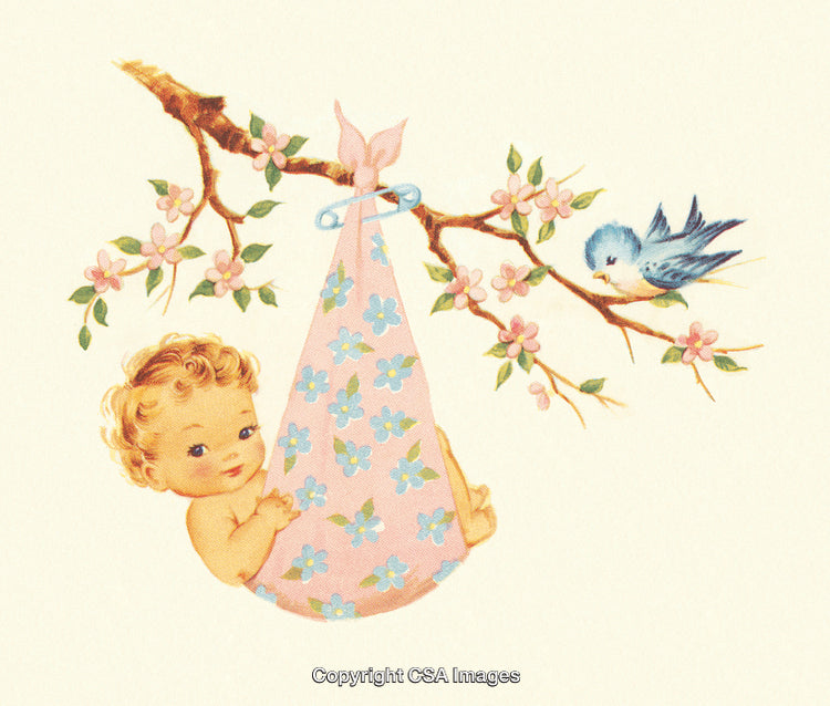 Adorable Baby Cradled in a Floral Blanket Hanging on a Blossom Tree