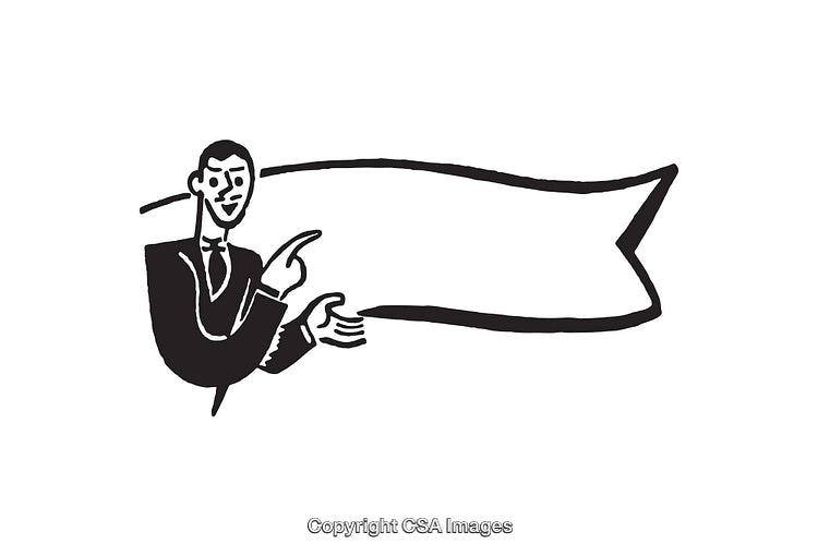 Black and White Illustration of a Businessman Gesturing at Blank Ribbon