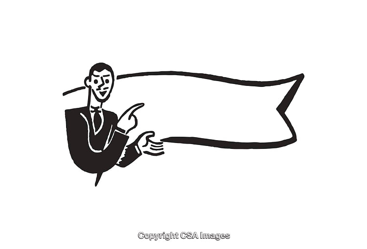 Black and White Illustration of a Businessman Gesturing at Blank Ribbon