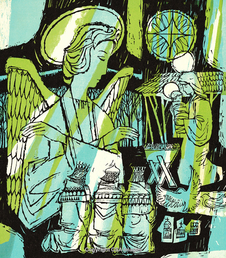 Abstract Religious Artwork Depicting Angels and Serene Sacred Imagery
