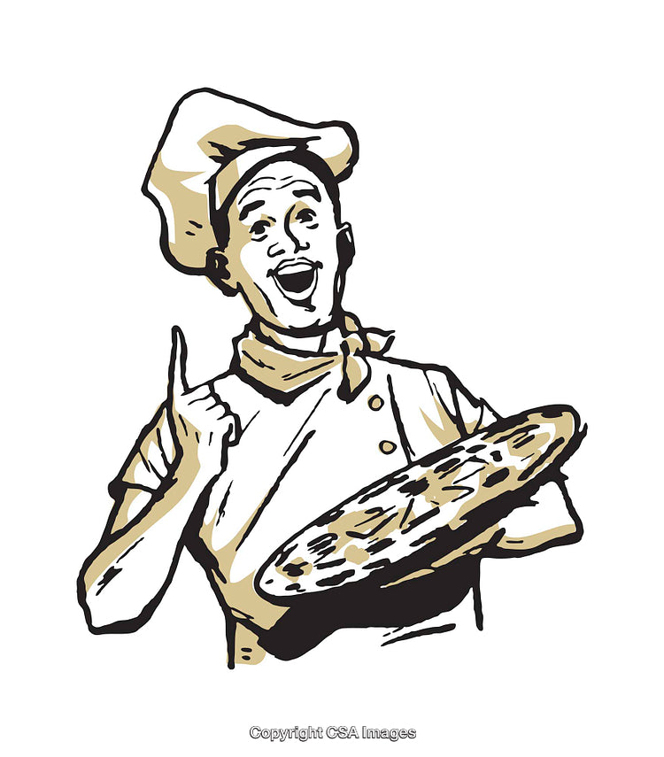 Illustrative Chef Holding Pizza and Gesturing With a Cheerful Expression