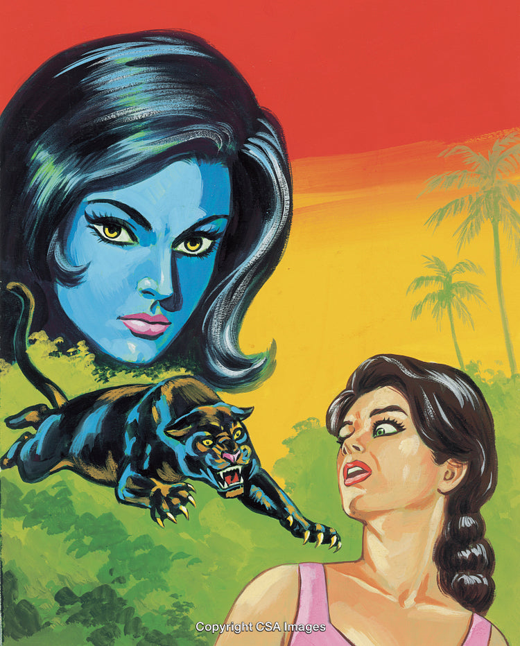 Illustrated Movie Scene Featuring Blue Woman, Jungle, Panther, and Frightened Woman