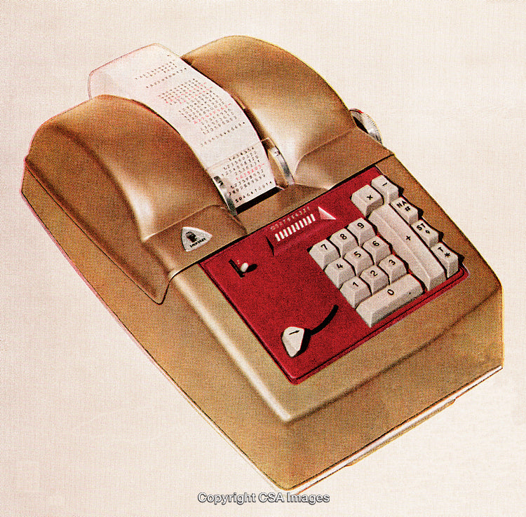 Vintage Mechanical Adding Machine with Paper Roll and Printed Outputs