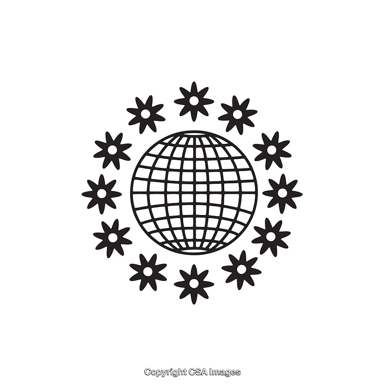 Black and White Icon of Globe with Decorative Floral Surroundings